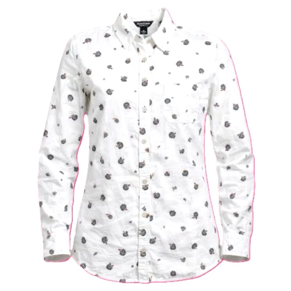 Eddie Bauer Womens Small Floral Button Up Shirt White Cotton Long Sleeve